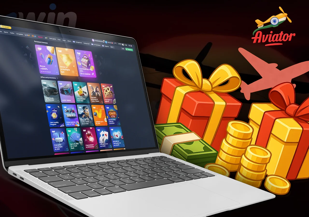 1Win casino page, gift boxes and coins